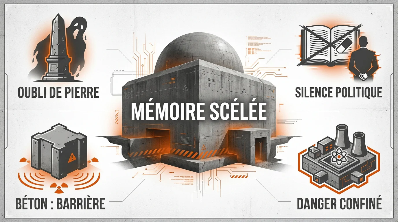 Infographie illustrant les monuments de confinement nucléaire et les sites historiques de dissimulation