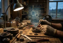 Mains gantées soudant des engrenages sur un établi rustique. Un hologramme de circuit imprimé et d'engrenages flotte au-dessus.