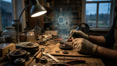 Mains gantées soudant des engrenages sur un établi rustique. Un hologramme de circuit imprimé et d'engrenages flotte au-dessus.