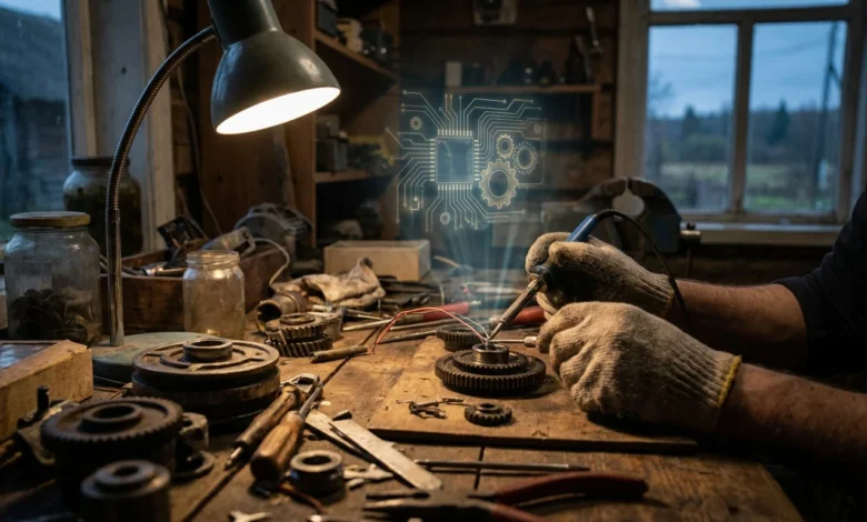 Mains gantées soudant des engrenages sur un établi rustique. Un hologramme de circuit imprimé et d'engrenages flotte au-dessus.