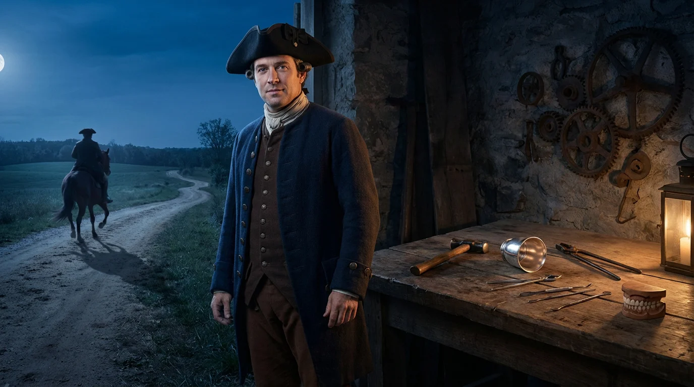 Un homme en costume colonial du 18e siècle, Paul Revere, regarde le spectateur, avec un cavalier nocturne et son atelier en arrière-plan.