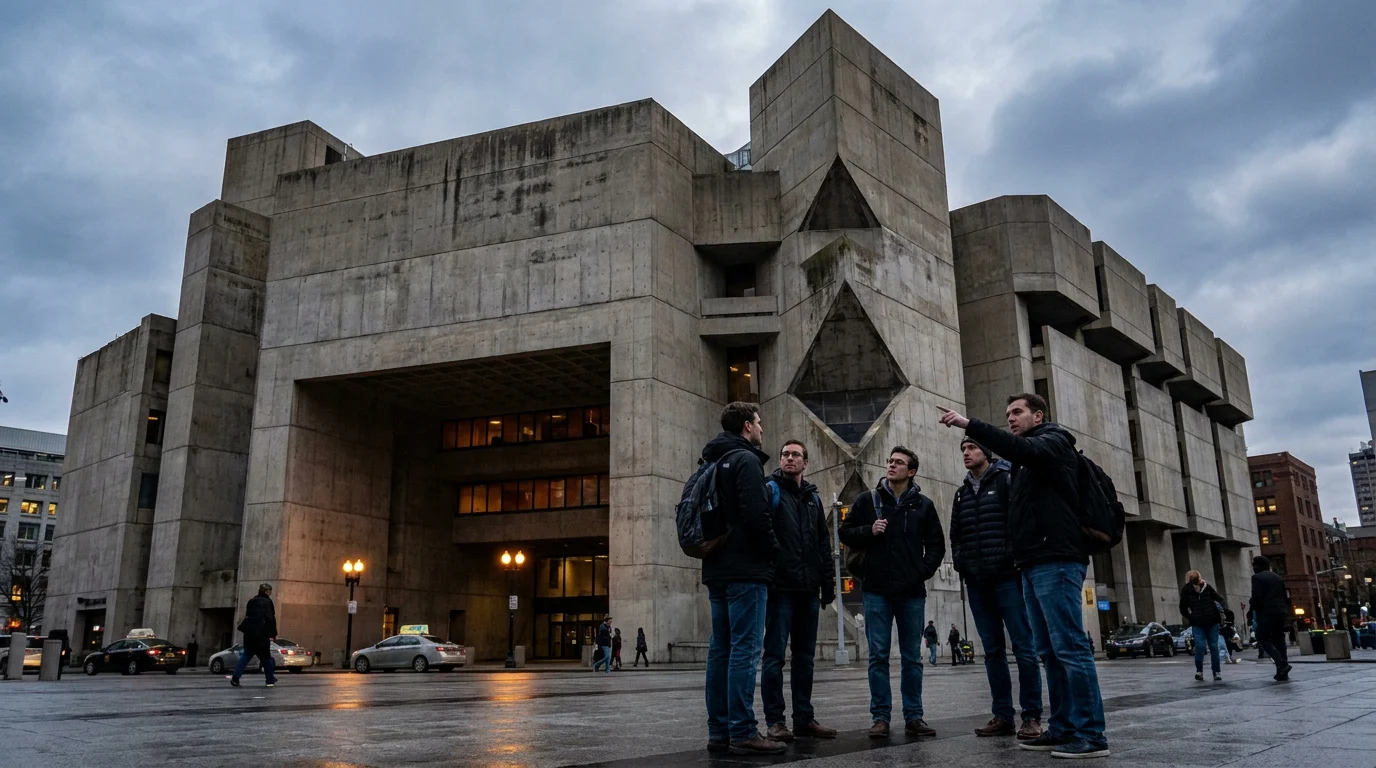 Un groupe d'hommes observe le bâtiment brutaliste de l'hôtel de ville de Boston sous un ciel nuageux.