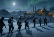 Sept soldats en tenue d'hiver marchent dans la neige vers une base éclairée sous la pleine lune et une aurore boréale dans les montagnes.