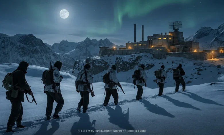 Sept soldats en tenue d'hiver marchent dans la neige vers une base éclairée sous la pleine lune et une aurore boréale dans les montagnes.