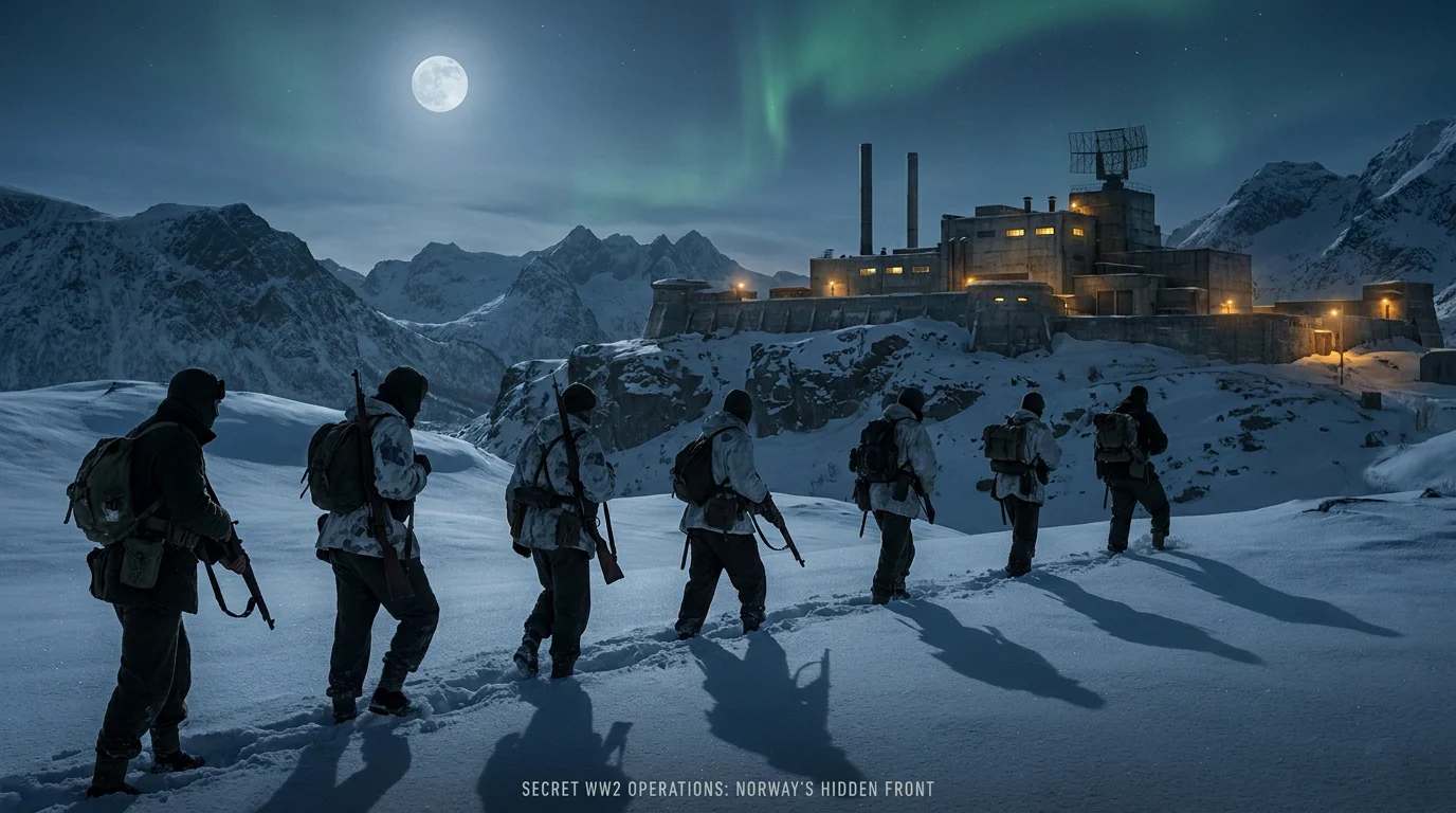 Sept soldats en tenue d'hiver marchent dans la neige vers une base éclairée sous la pleine lune et une aurore boréale dans les montagnes.