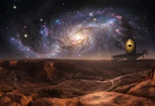 Vue panoramique d'un canyon martien avec le télescope James Webb pointant vers une galaxie spirale et des étoiles dans un ciel profond.