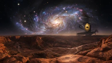 Vue panoramique d'un canyon martien avec le télescope James Webb pointant vers une galaxie spirale et des étoiles dans un ciel profond.