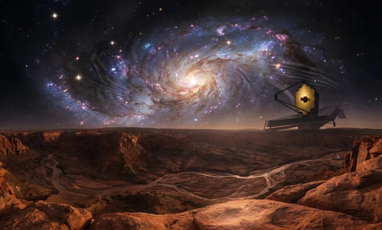 Vue panoramique d'un canyon martien avec le télescope James Webb pointant vers une galaxie spirale et des étoiles dans un ciel profond.