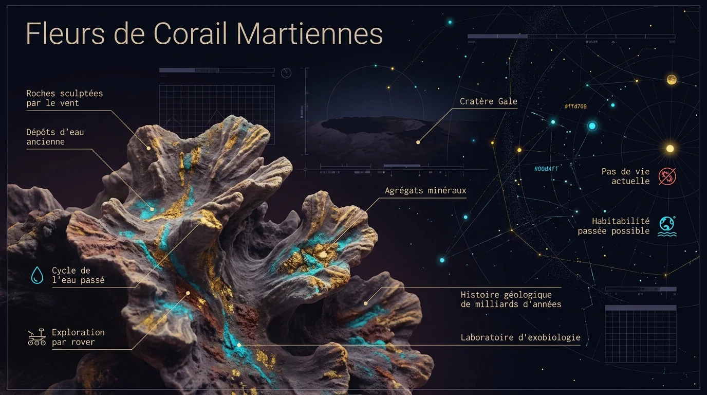 Formations minérales martiennes sculptées par le vent dans le cratère Gale ressemblant à du corail.