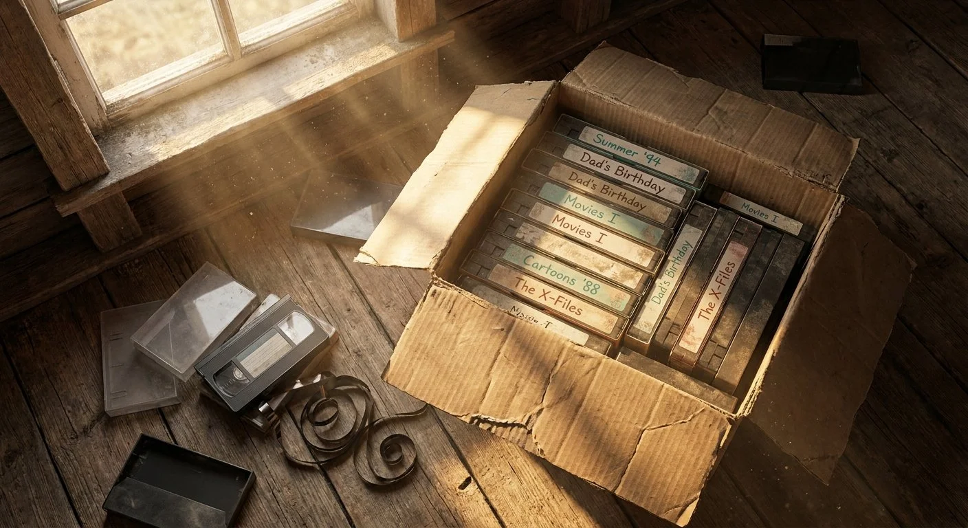 Carton rempli de vieilles cassettes VHS avec étiquettes manuscrites posé sur un plancher de grenier éclairé par la lumière dorée d'une fenêtre