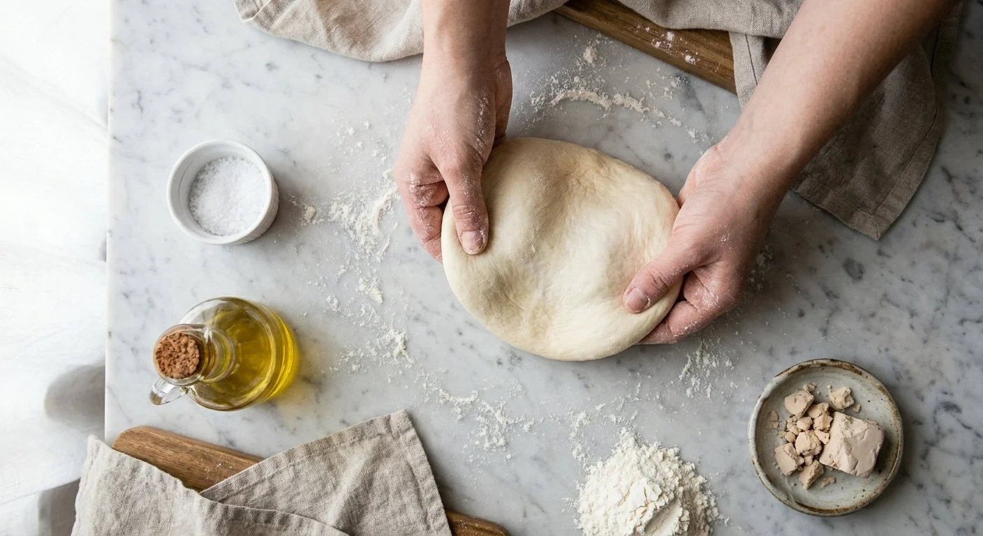 Mains étirant une pâte à pizza fraîche sur un plan de travail fariné avec ingrédients autour