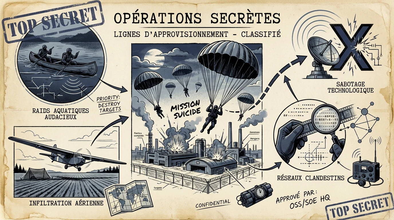 Infographie vintage illustrant les opérations secrètes et les missions de sabotage de la Seconde Guerre mondiale