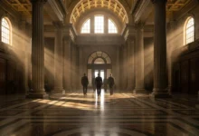 Quatre hommes en costume marchent dans un hall majestueux aux colonnes imposantes, baigné de rayons de lumière dramatiques.