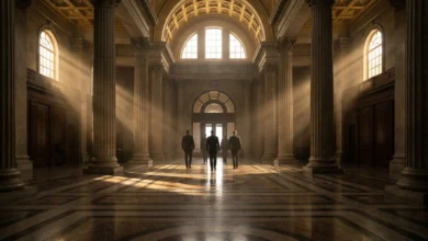 Quatre hommes en costume marchent dans un hall majestueux aux colonnes imposantes, baigné de rayons de lumière dramatiques.
