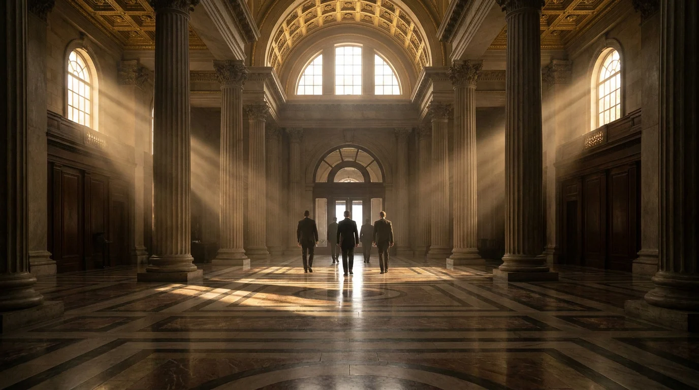 Quatre hommes en costume marchent dans un hall majestueux aux colonnes imposantes, baigné de rayons de lumière dramatiques.