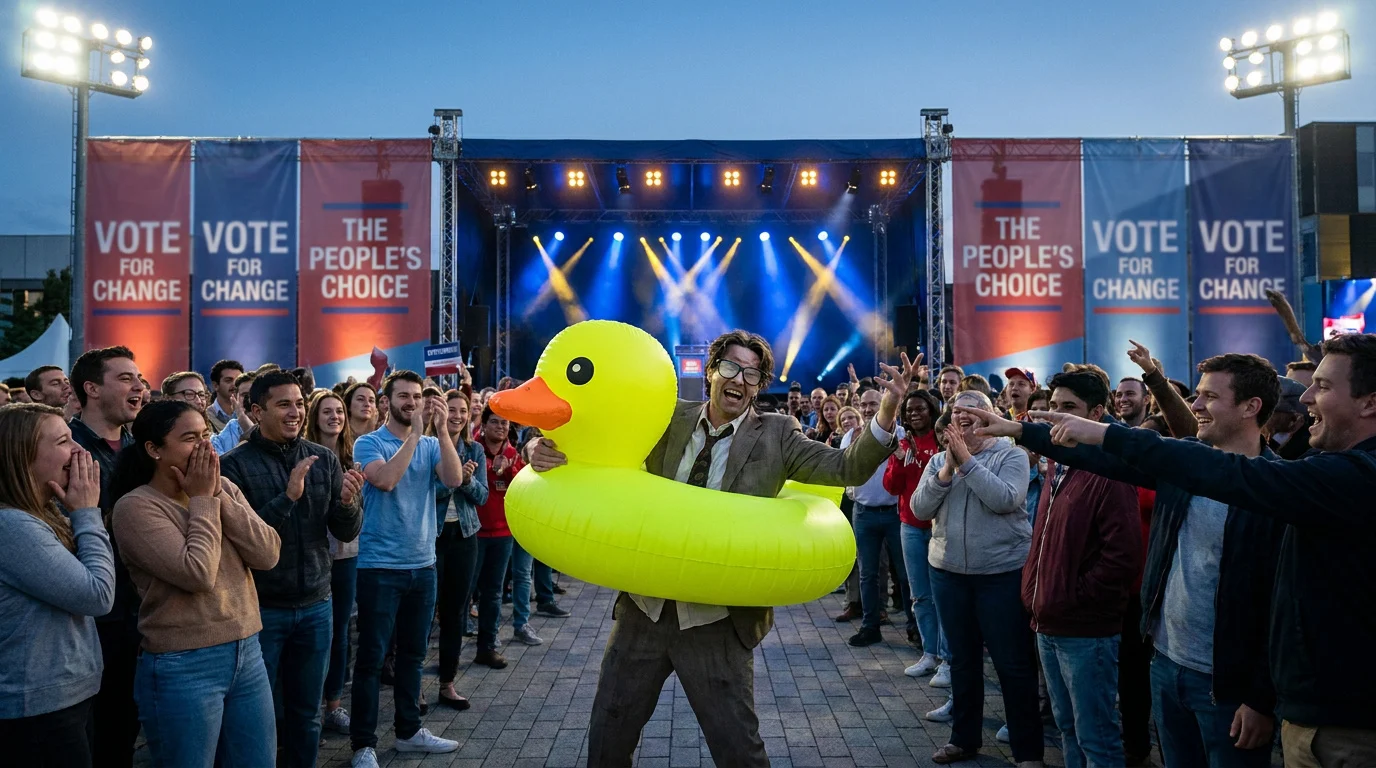 Un homme en costume portant une bouée canard jaune géante sur une scène politique devant une foule enthousiaste.