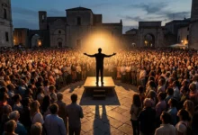 Un orateur debout sur une estrade devant une immense foule, illuminé par une lumière vive dans une place médiévale.