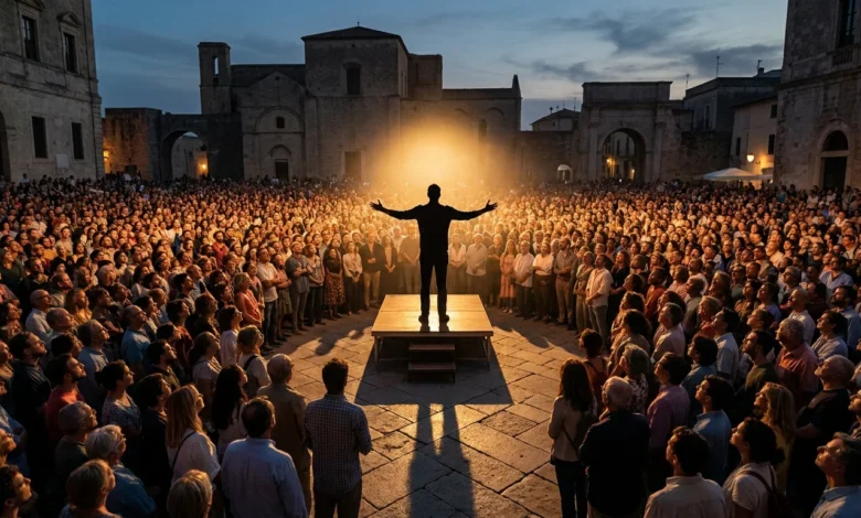 Un orateur debout sur une estrade devant une immense foule, illuminé par une lumière vive dans une place médiévale.