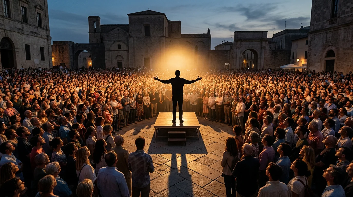 Un orateur debout sur une estrade devant une immense foule, illuminé par une lumière vive dans une place médiévale.
