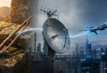 Illustration montrant l'évolution des armes, d'une fronde primitive vers un radar et un drone de combat moderne.