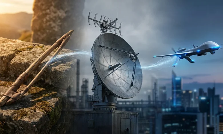 Illustration montrant l'évolution des armes, d'une fronde primitive vers un radar et un drone de combat moderne.