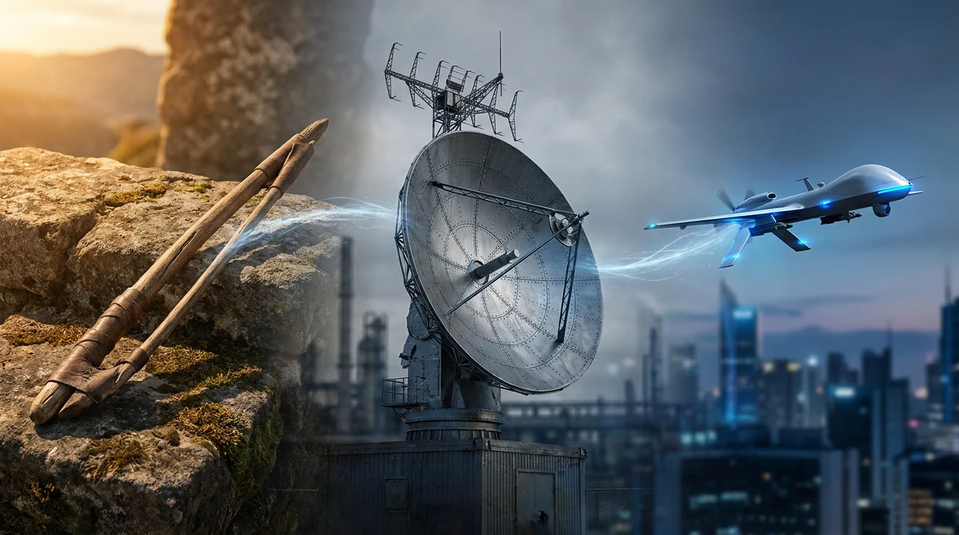 Illustration montrant l'évolution des armes, d'une fronde primitive vers un radar et un drone de combat moderne.