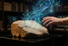 Une main s'approche d'une pierre ancienne gravée, d'où s'échappe une projection holographique de données numériques bleues.