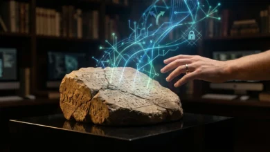 Une main s'approche d'une pierre ancienne gravée, d'où s'échappe une projection holographique de données numériques bleues.