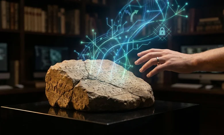 Une main s'approche d'une pierre ancienne gravée, d'où s'échappe une projection holographique de données numériques bleues.