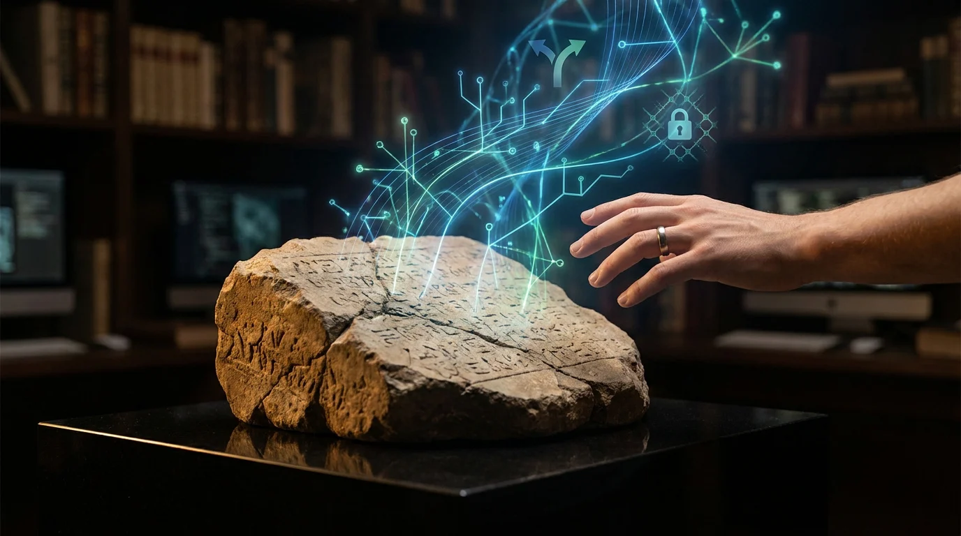 Une main s'approche d'une pierre ancienne gravée, d'où s'échappe une projection holographique de données numériques bleues.