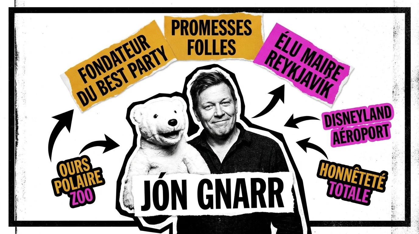 Jón Gnarr, maire de Reykjavík, posant avec humour pour sa campagne politique du Best Party