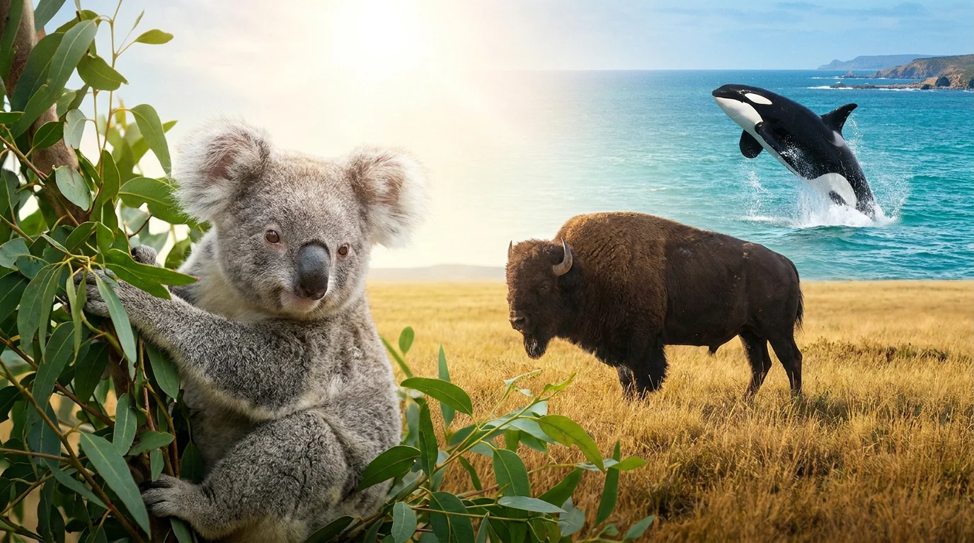 Un koala dans un eucalyptus, un bison dans une prairie et une orque sautant dans l'océan, réunis dans une image composite.