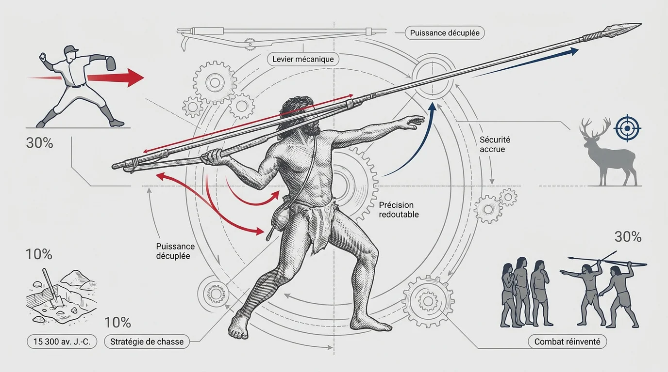 Chasseur préhistorique utilisant un atlatl pour propulser une sagaie avec précision