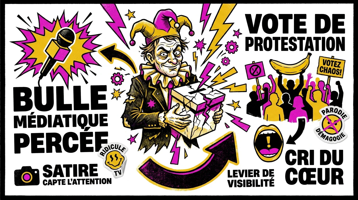 Illustration d'un candidat satirique symbolisant l'absurdité en politique