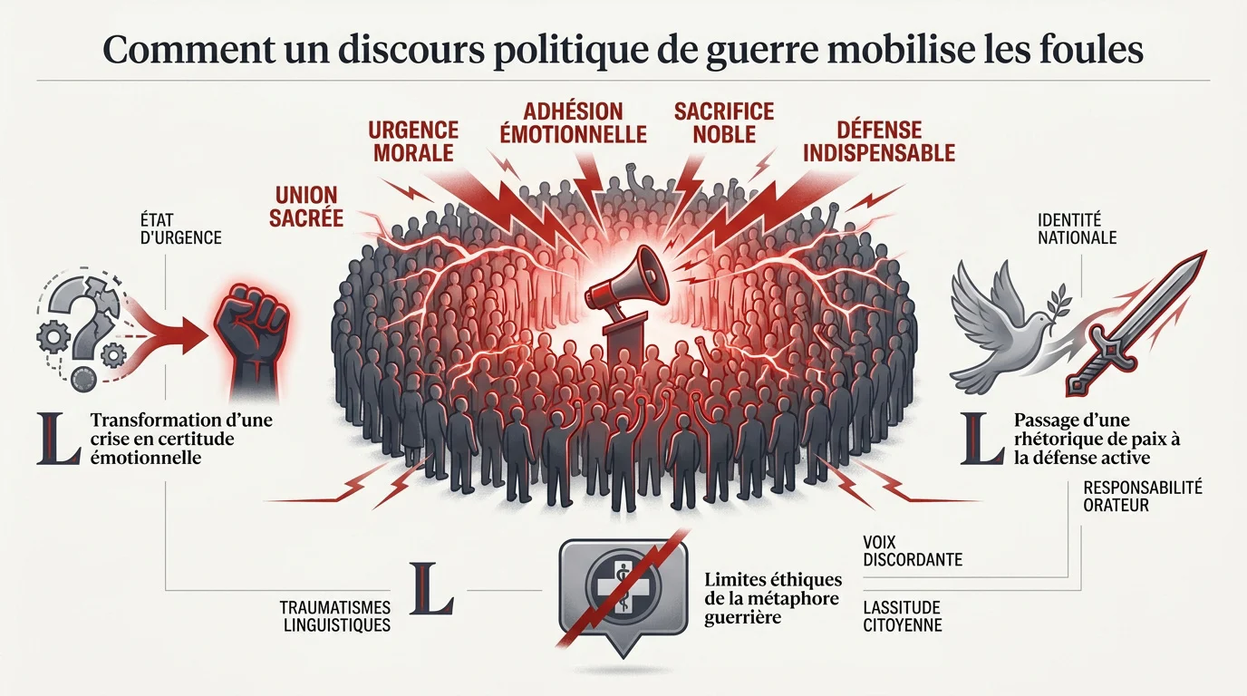 Foule rassemblée écoutant un discours politique mobilisateur en temps de conflit