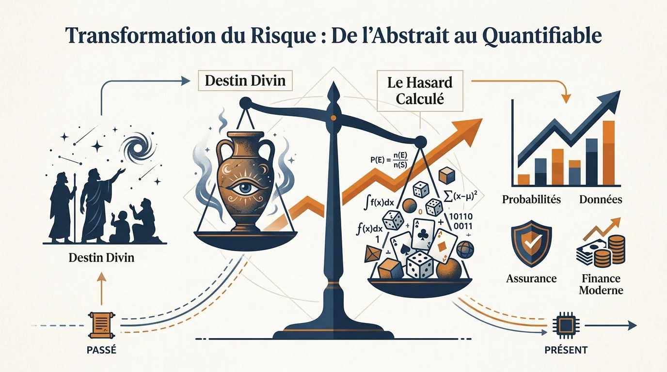 Représentation de l'évolution du risque de la fatalité antique vers les probabilités mathématiques modernes