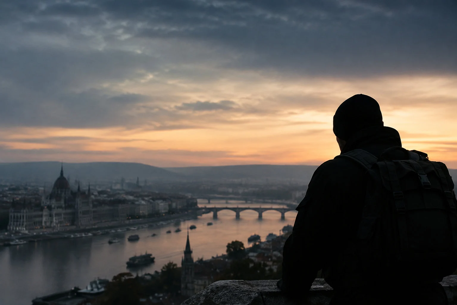 Silhouette d'un homme en bonnet et sac à dos observant le panorama de Budapest au lever du soleil depuis les hauteurs.